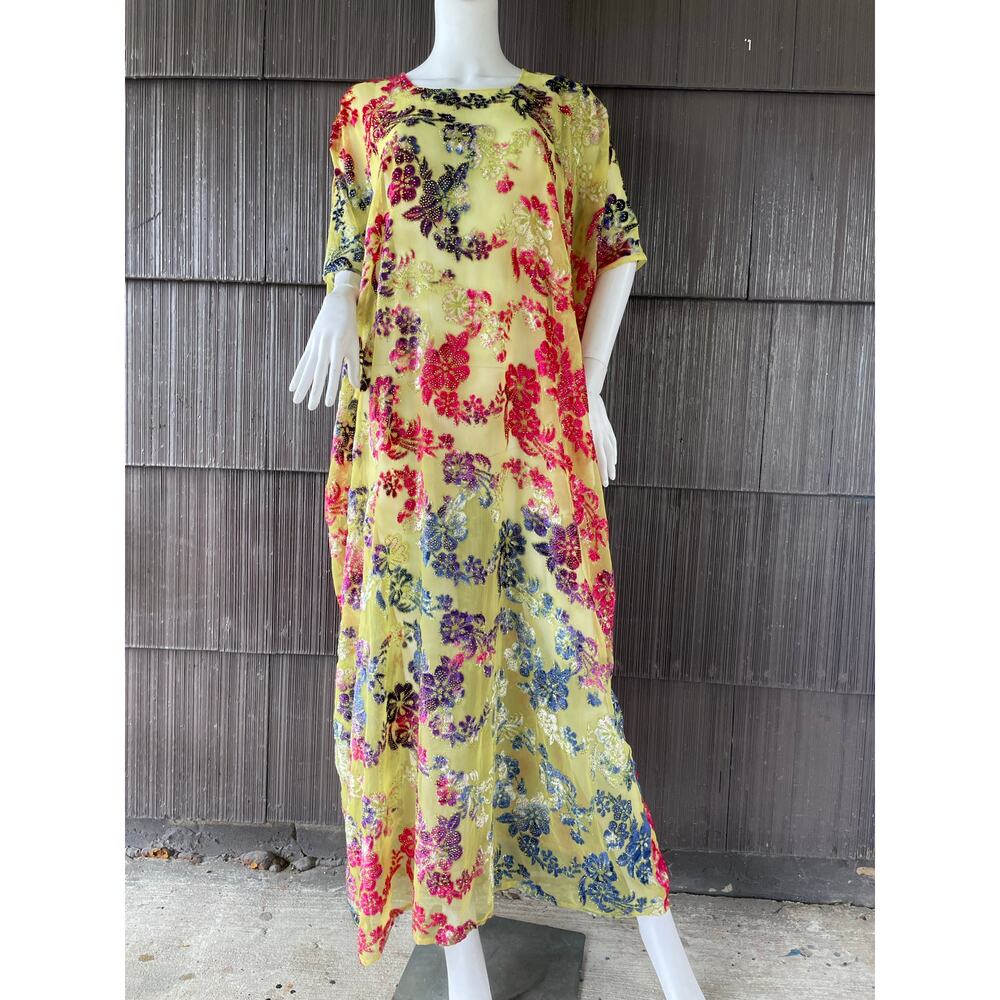 🔥Sheer Mesh Beads Floral Texture Flocked Colorful Kaftan Bohemian Flowing Dress